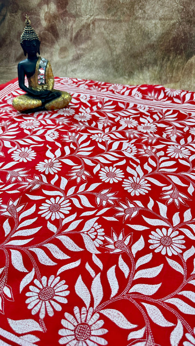 Red pure bangalore silk saree with kantha work , stitched blouse