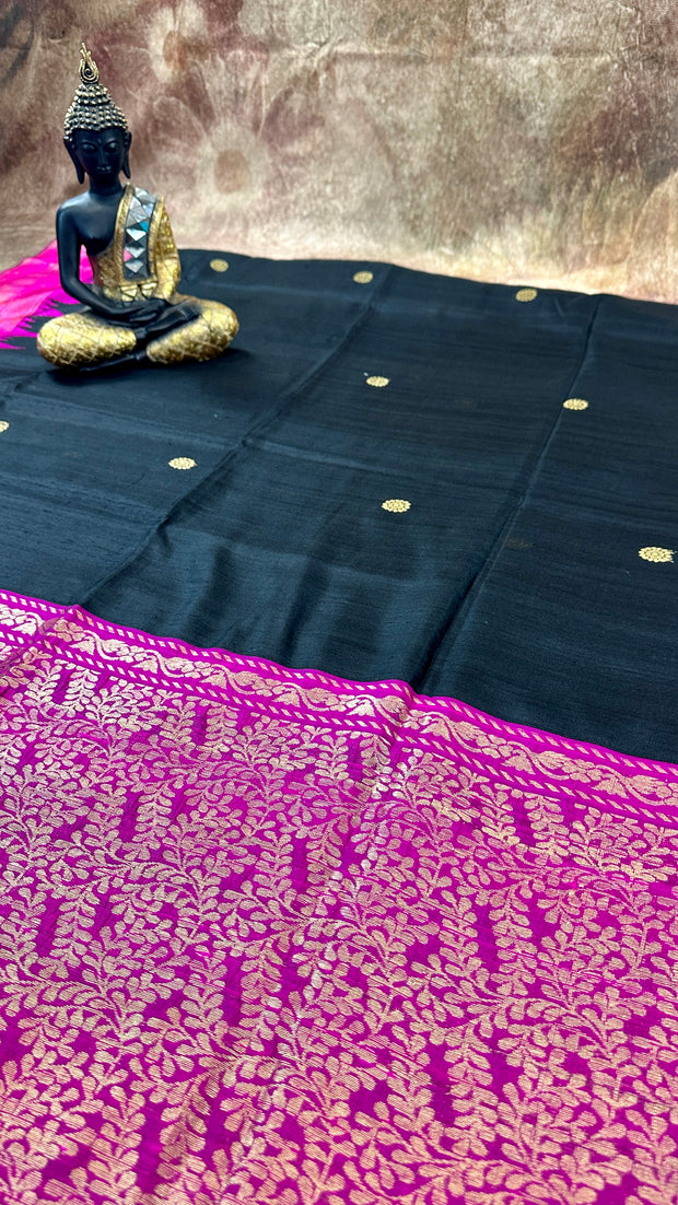 Black and pink combo pure raw silk saree with stitched blouse