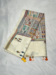 Off white pure Tussar silk saree with kantha work , with stitched blouse