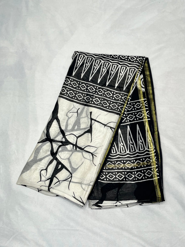 Black and white chanderi cotton saree, no Blouse piece