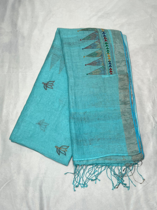 Light blue linen saree with kantha work , stitched blouse