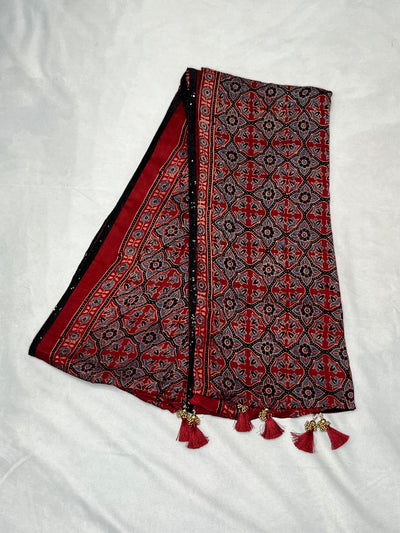 Designer Indigo red modal silk saree with Ajrek hand block print, Stitched blouse