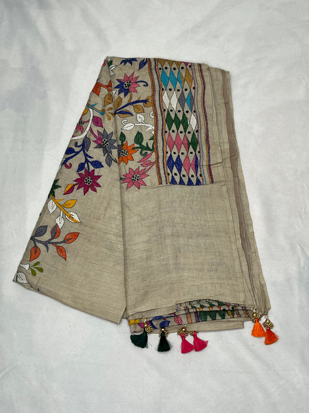 Beige color pure Tussar silk saree with kantha work , stitched blouse