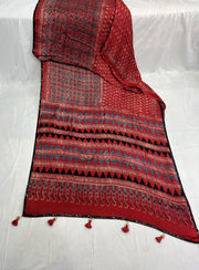 Designer Indigo red modal silk saree with Ajrek hand block print, Stitched blouse