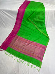 Green and Pink combo pure raw silk saree with stitched blouse
