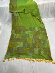 Light olive green mul cotton saree with Kantha work