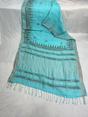 Light blue linen saree with kantha work , stitched blouse