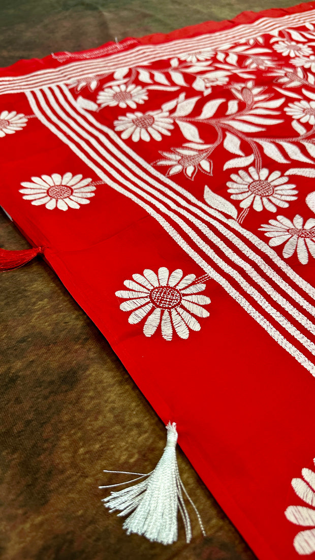 Red pure bangalore silk saree with kantha work , stitched blouse
