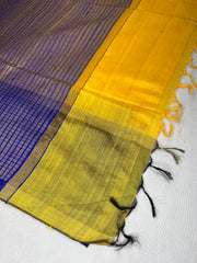 Yellow and blue combo pure raw silk saree with stitched blouse