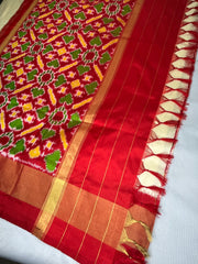 Offwhite and red combo pure ikkat saree with stiched blouse