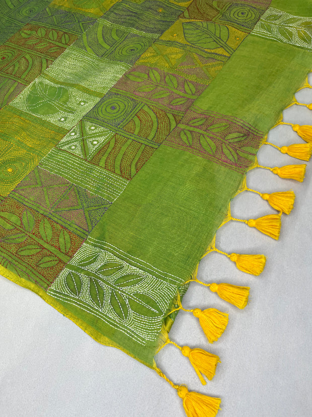 Light olive green mul cotton saree with Kantha work