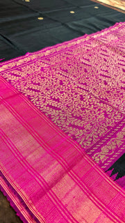 Black and pink combo pure raw silk saree with stitched blouse