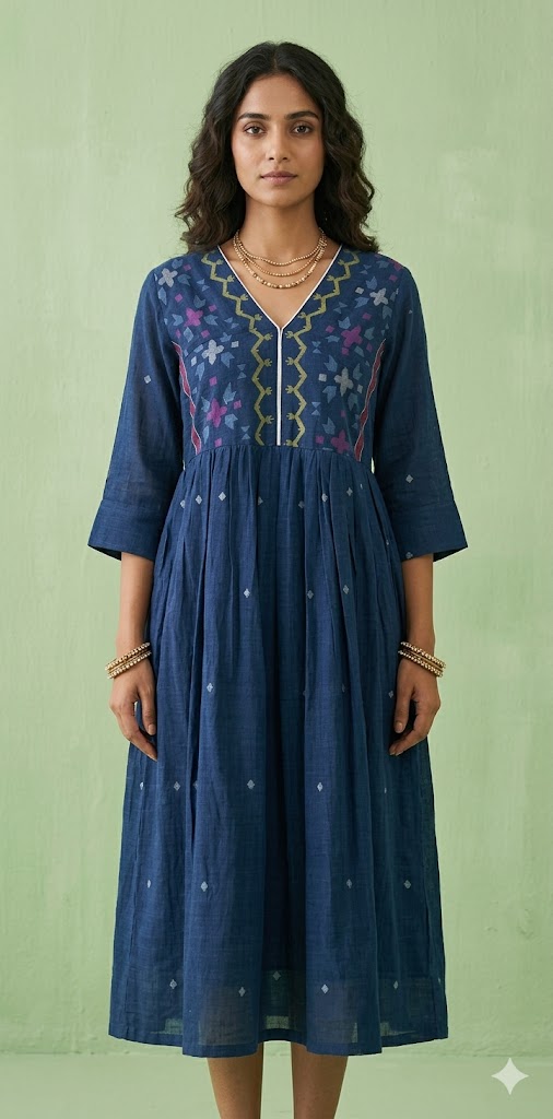 cotton jamdani dress Handloom Jamdani motifs Color:Thin Blue Stripe burnt orange Sheer Black Floral Midi ideal for casual wear