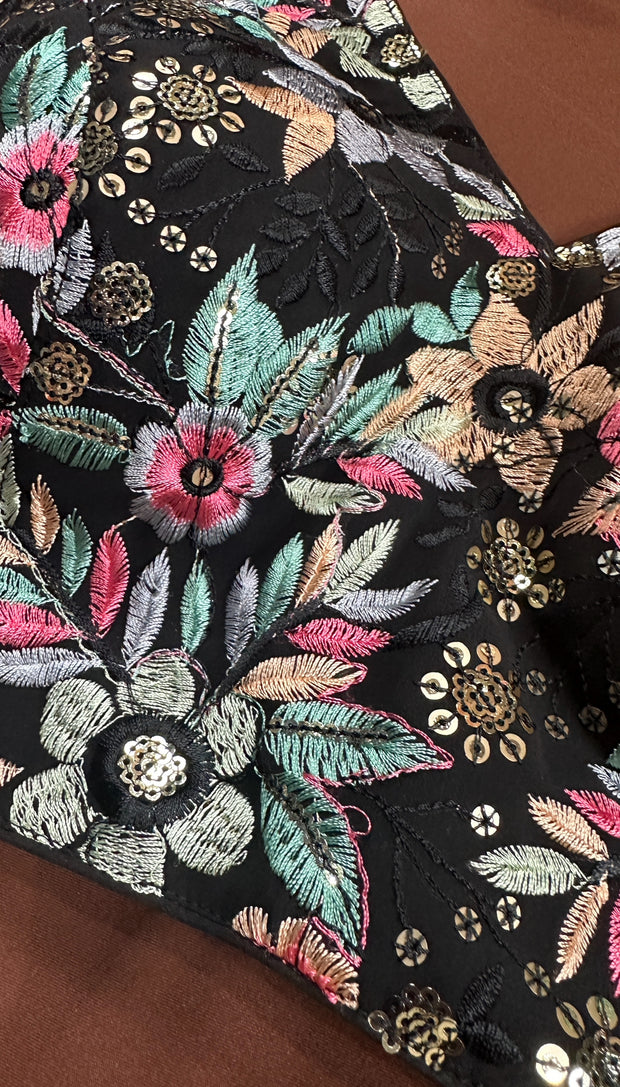 Black multi color floral embroidery blouse, spaghetti strap