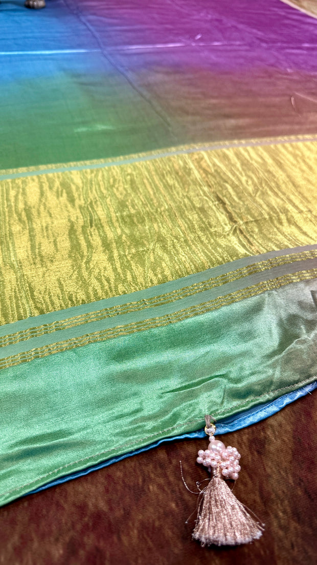 Multi color modal silk saree with zari pallu, no Blouse piece