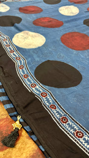 Designer Indigo blue modal silk saree with Ajrek hand block print, Stitched blouse