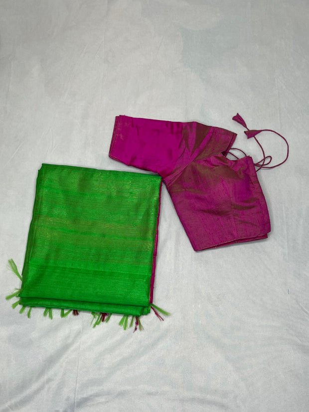 Green and Pink combo pure raw silk saree with stitched blouse