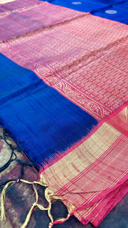 Navy blue and brick red combo pure raw silk saree with stitched blouse