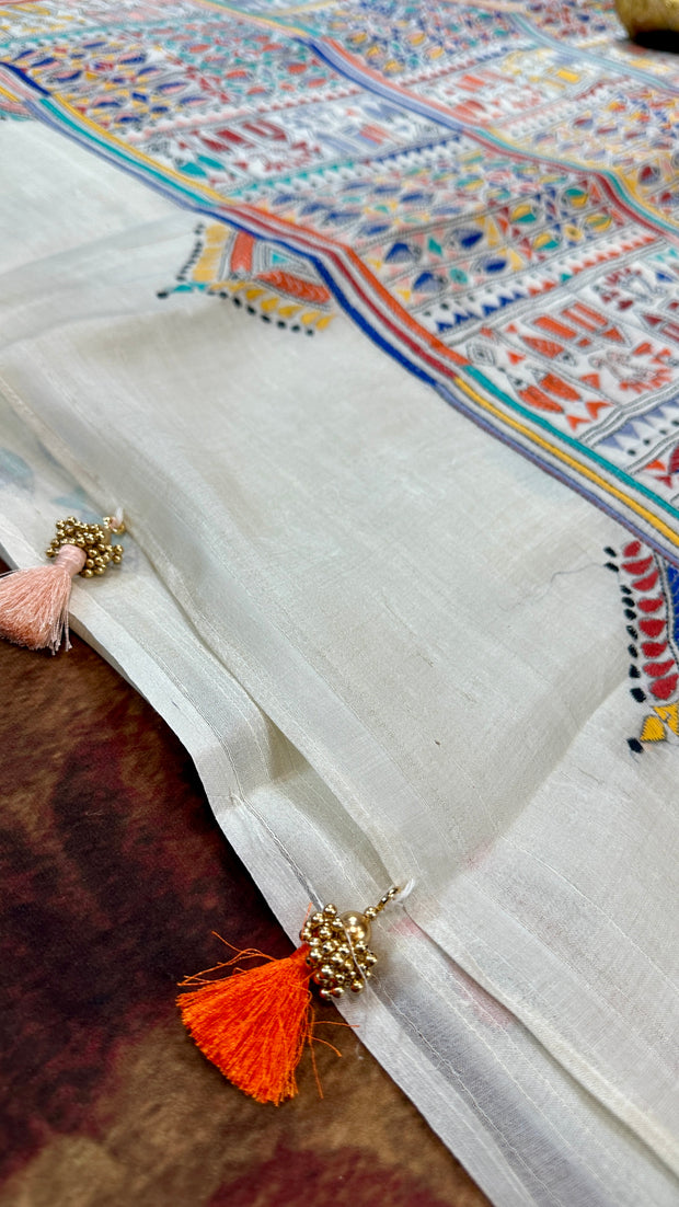 Off white pure Tussar silk saree with kantha work , with stitched blouse