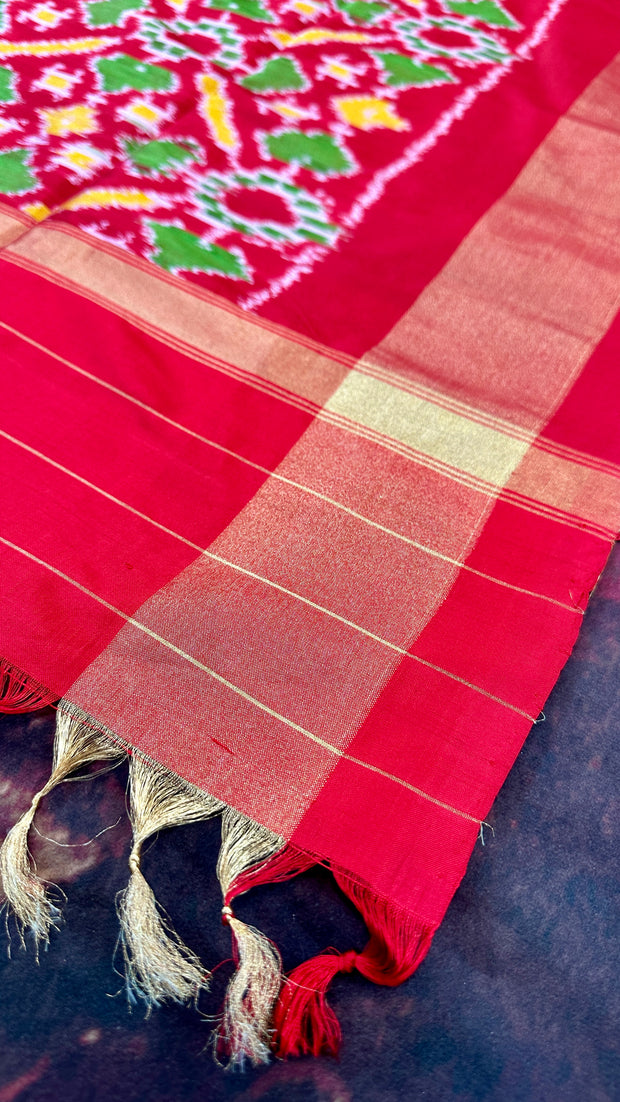 Offwhite and red combo pure ikkat saree with stiched blouse