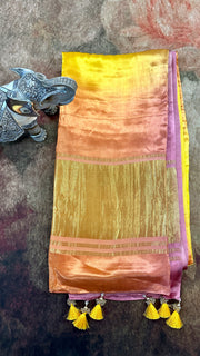 Yellow and lilac combo modal silk saree with zari pallu, no Blouse piece