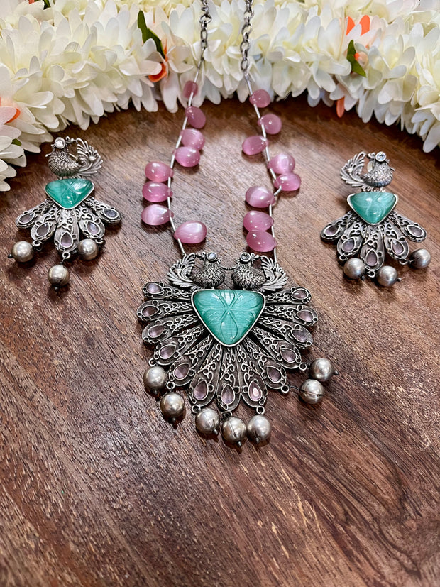 Mint and pink beaded necklace with earring