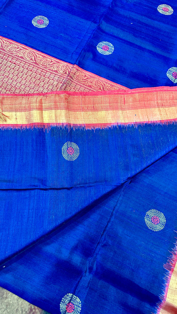 Navy blue and brick red combo pure raw silk saree with stitched blouse