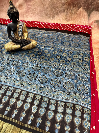 Modal Silk saree bandini body and Ajrakh pallu, stitched blouse
