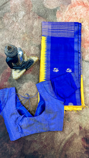 Yellow and blue combo pure raw silk saree with stitched blouse