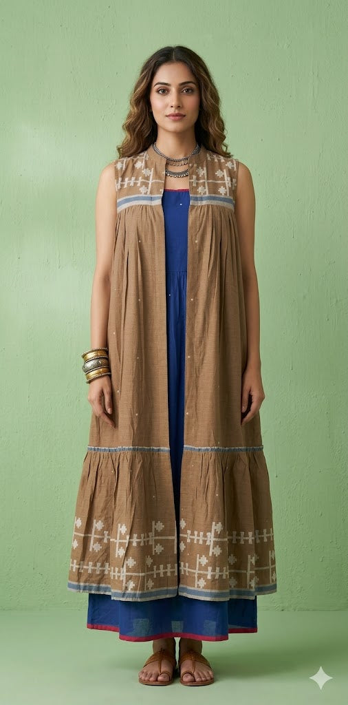 Blue pure Cotton jamdani dress with long shrugg