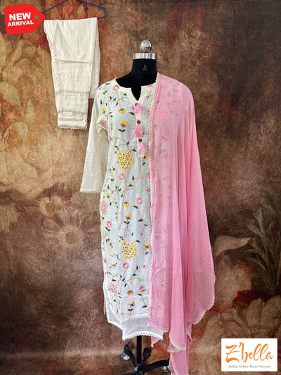 Off White Cotton Kurthi With Multi Color Thread Embroidery Bottom And Dupatta Kurti Set