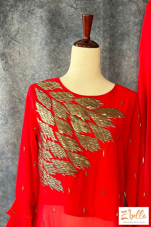 Red Side High Low Top With Sharara Kurti