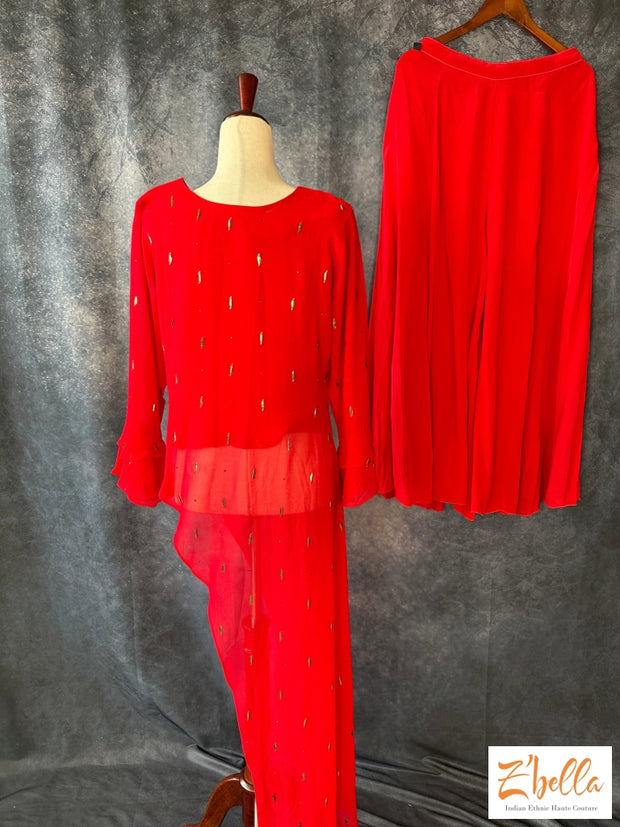 Red Side High Low Top With Sharara Kurti
