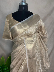 Beige Tissue Kotta silk saree with mirror and chikankari work, with stitched blouse
