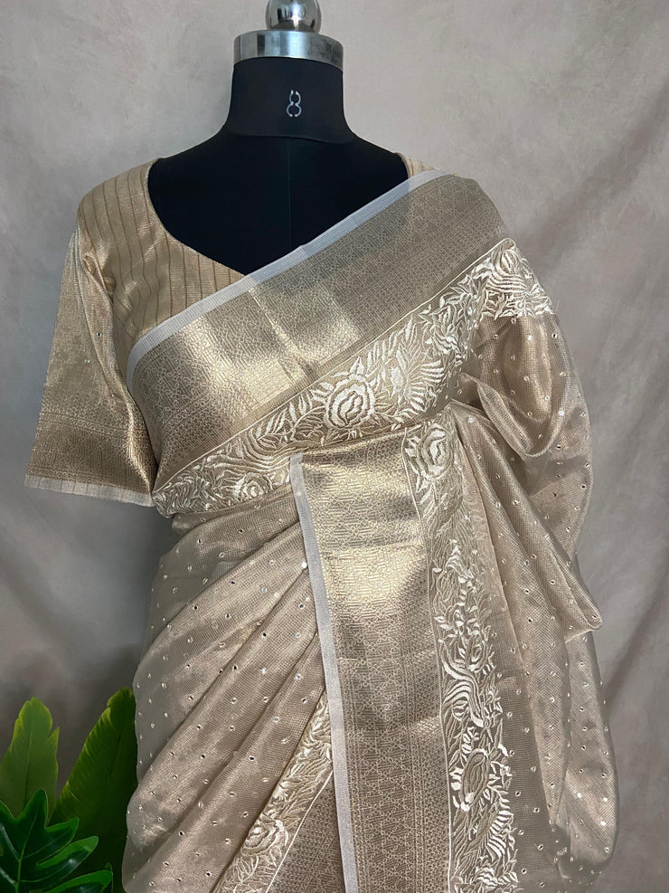 Beige Tissue Kotta silk saree with mirror and chikankari work, with stitched blouse