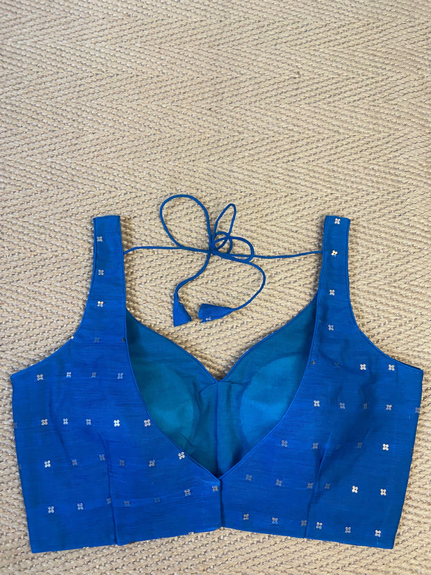 Peacock blue sleevelss blouse with sequins weave