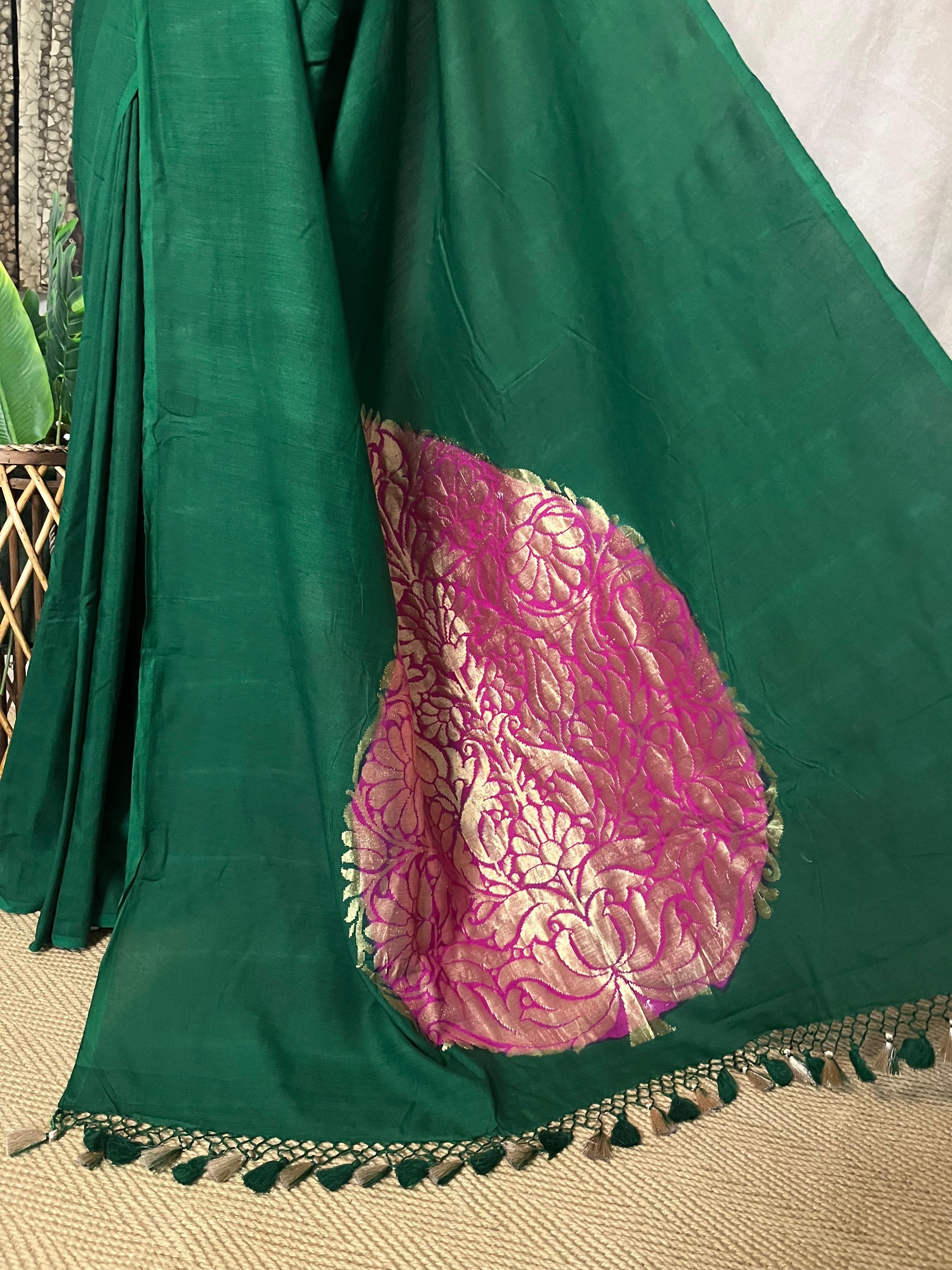 Bottle green munga tussar silk saree with designer pallu and stitched blouse
