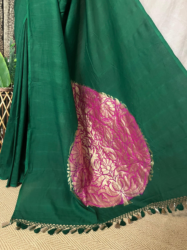 Bottle green munga tussar silk saree with designer paalu and stitched blouse