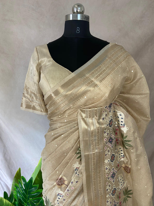 Tissue Kotta silk saree with mirror and Pitchwai work, with stitched blouse
