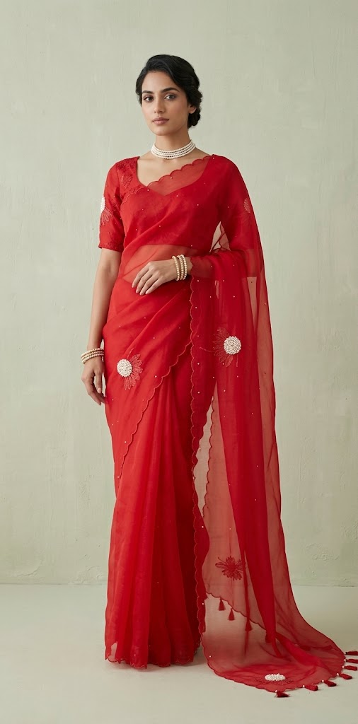 Red Organza silk saree with emroidery , stitched blouse