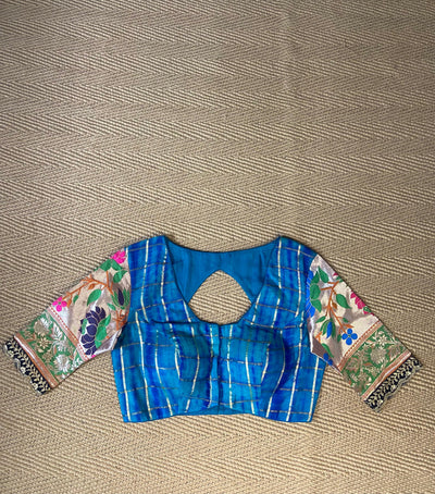 Blue raw silk and paithani blouse