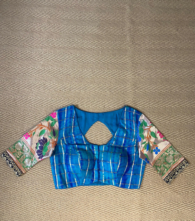 Blue raw silk and paithani blouse