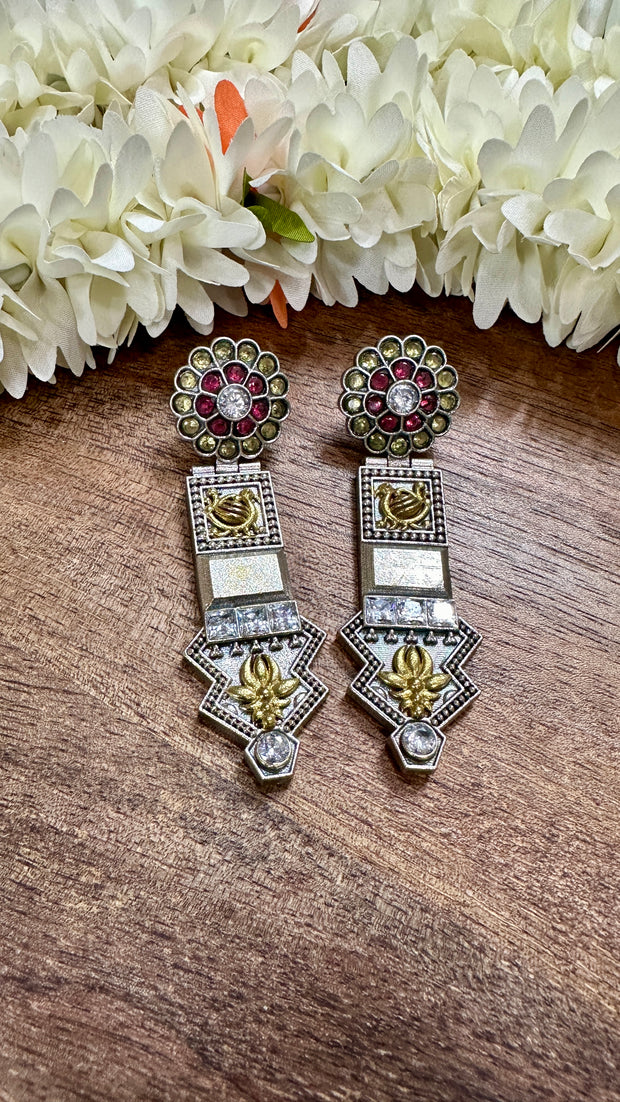 Long earring with red and yellow stones