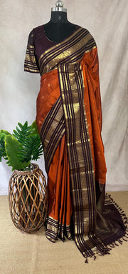 Orange and brown combo kanchivaram silk saree with stitched blouse