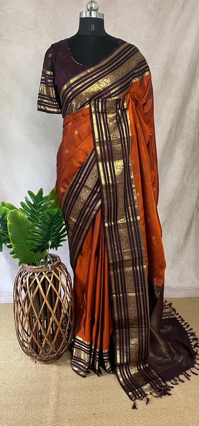 Orange and brown combo kanchivaram silk saree with stitched blouse