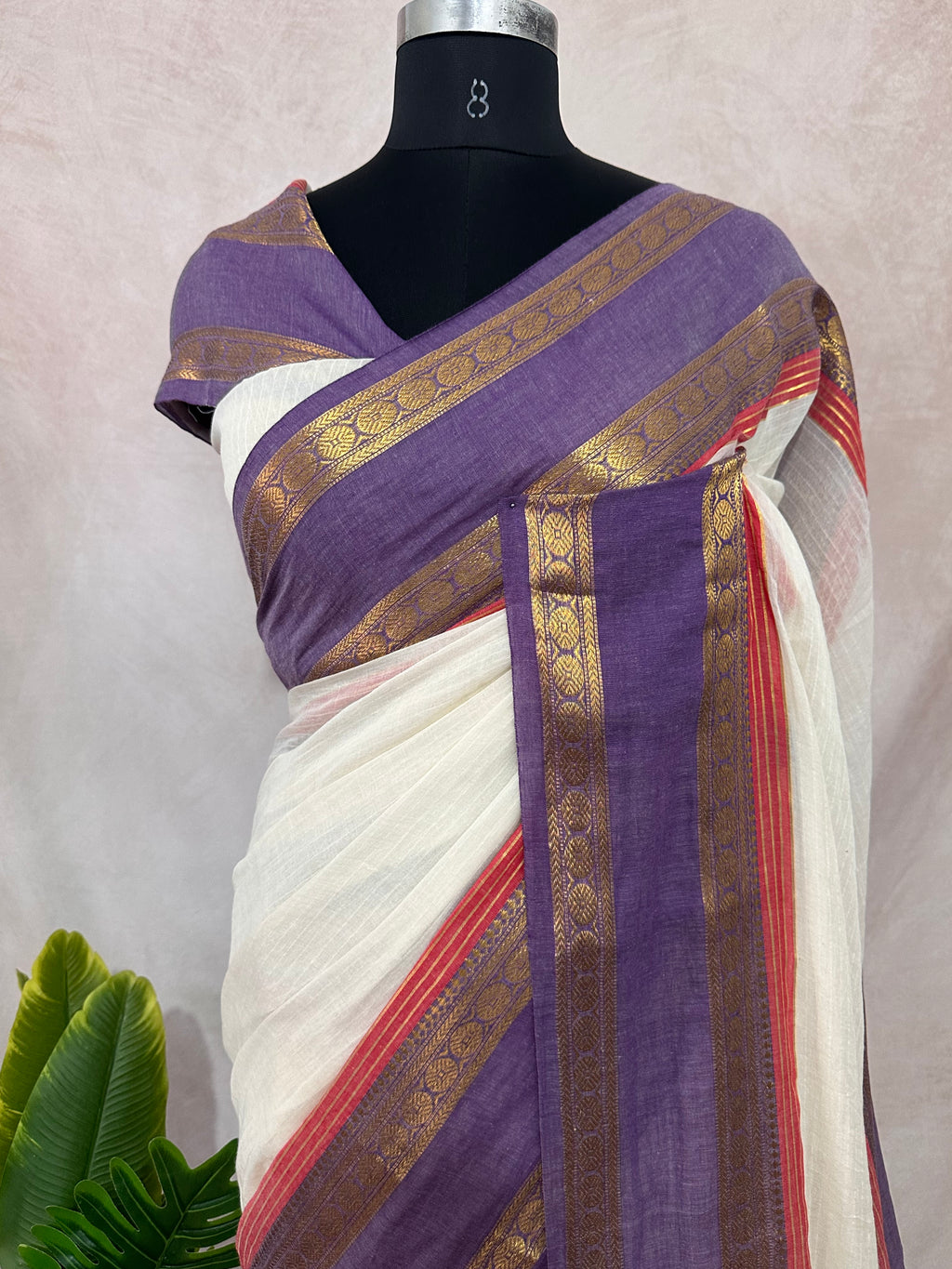 Purple kanchi border 120 count mulcotton saree
