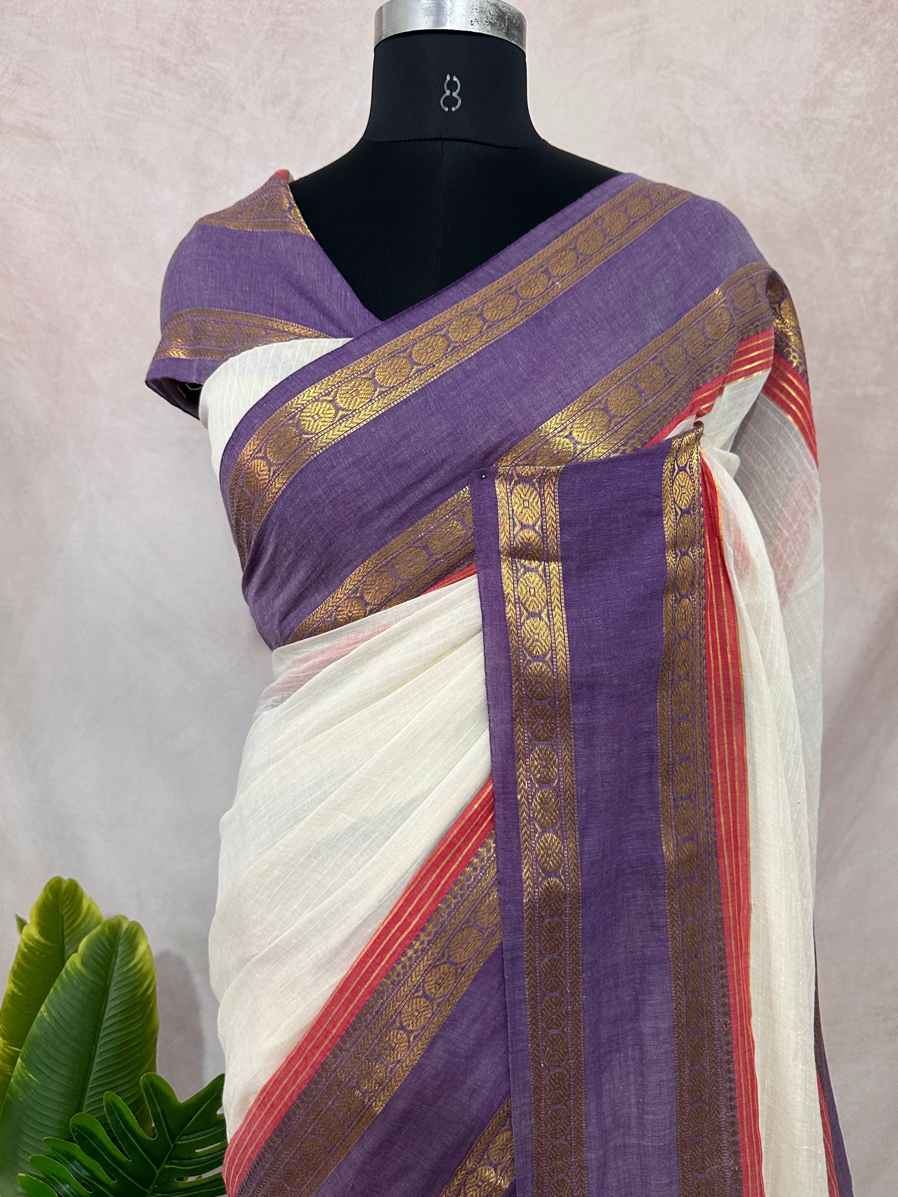 Purple kanchi border 120 count mulcotton saree