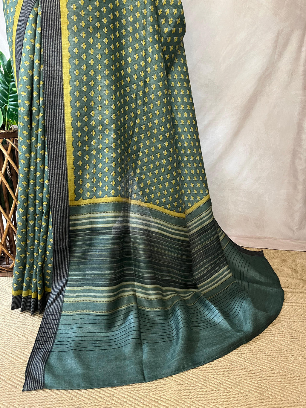 Printed blended tussar silk saree with stitched blouse