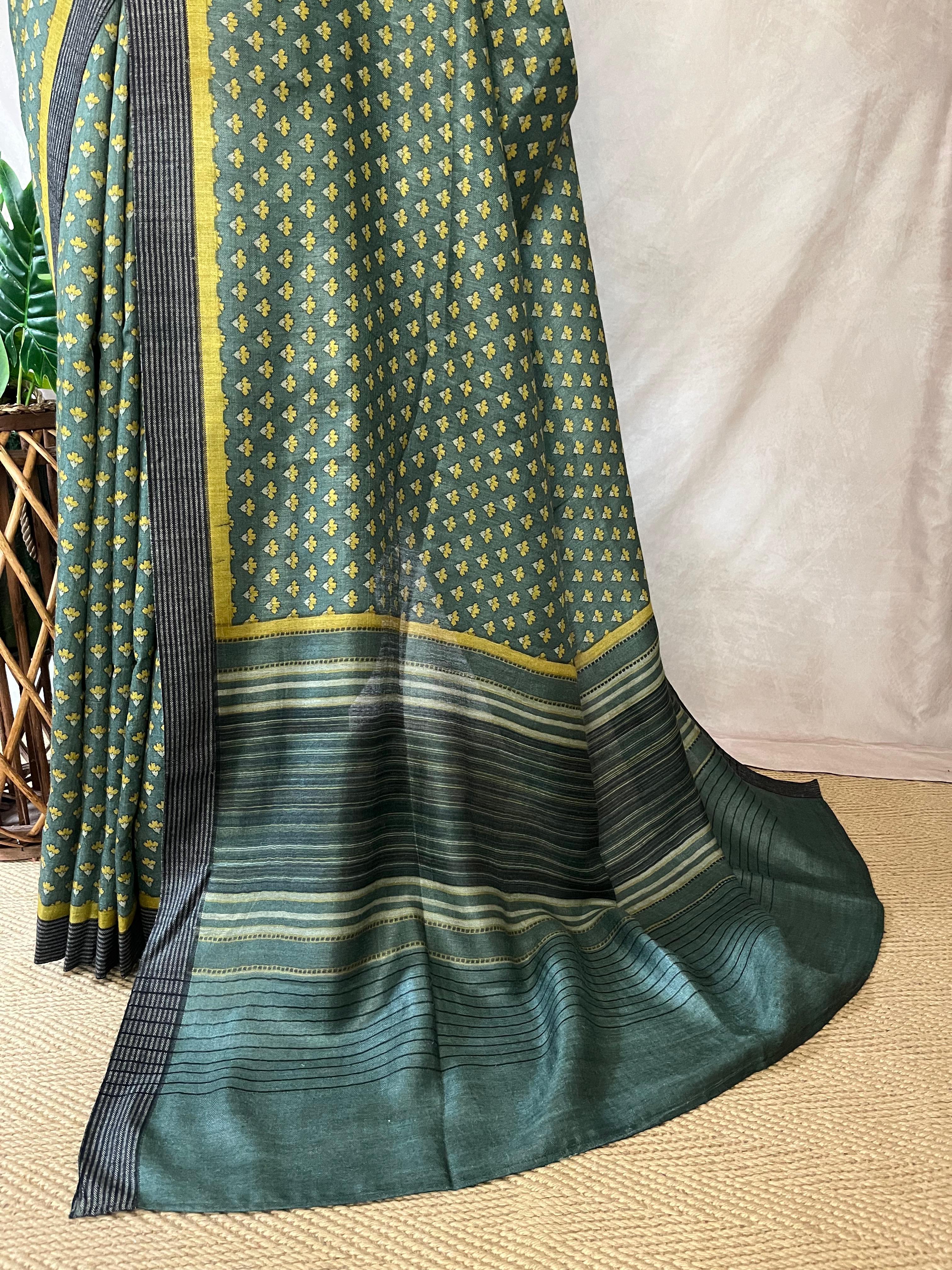 Printed blended tussar silk saree with stitched blouse