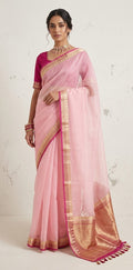 Kora silk saree with small border and stitched blouse and under skirt